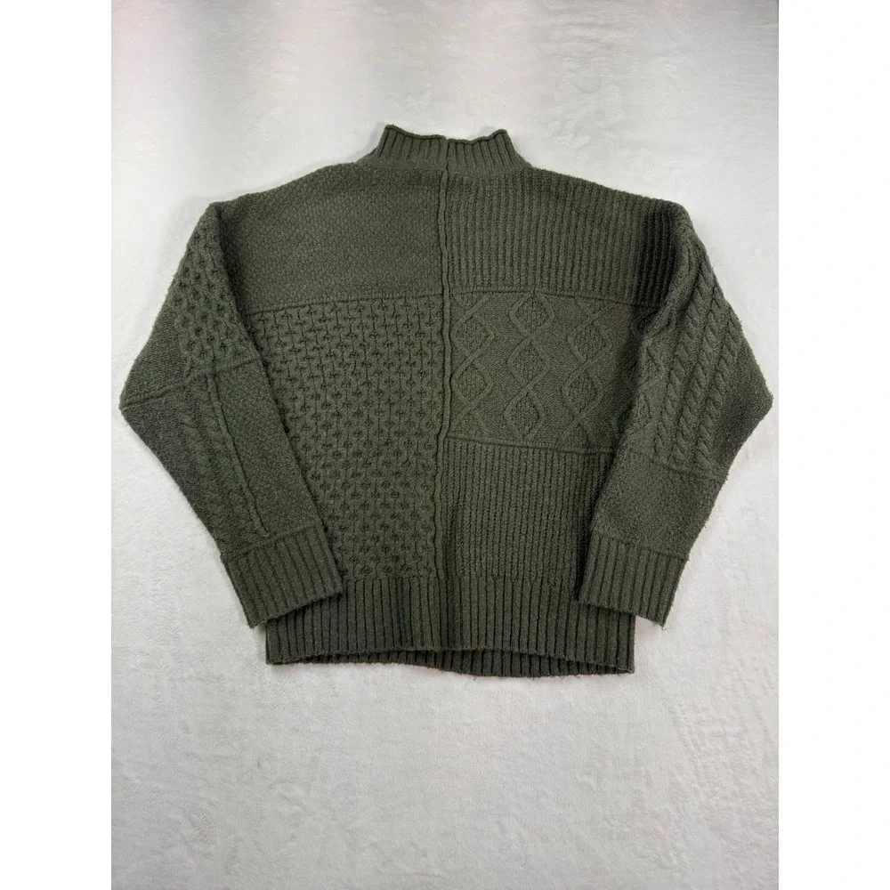 American Eagle Mixed Stitch Mock Neck Sweater Olive Green Patchwork Knit Medium